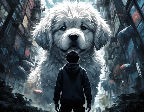 a man with huge fluffy puppy, double exposure collage art illustration, silhouette art, fantasy, hdr, vibrant, surrealism, hyper...