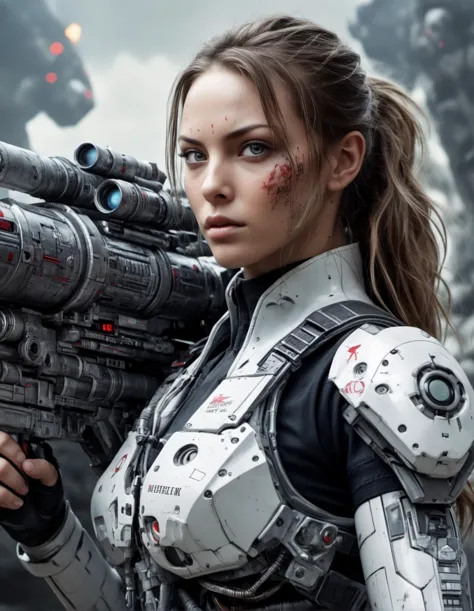 Hyperrealistic art RAW analog photo of a cyborg woman  with a big blaster cannon, in the background of the inscription "NETFLIX"...