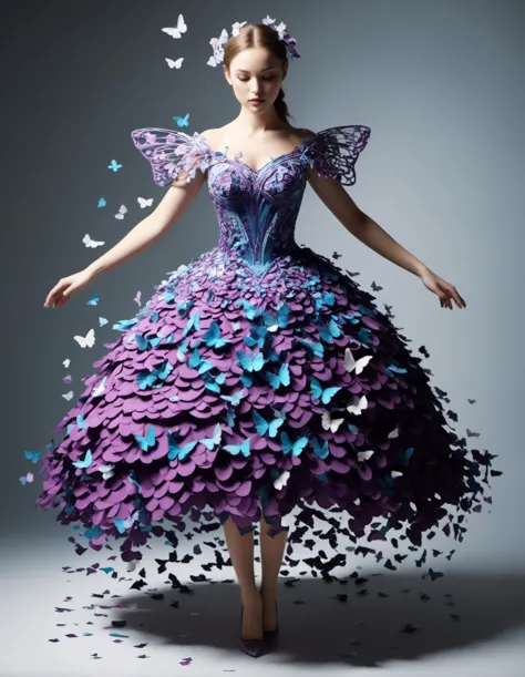 isometric art, magical dress woven from floating butterflies