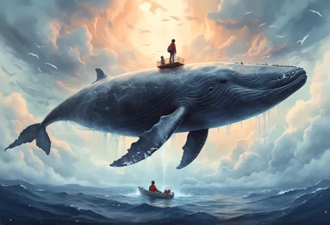 child hugging a whale that is floating in the clouds, watercolor painting, high detail, warm lighting, professional ominous conc...