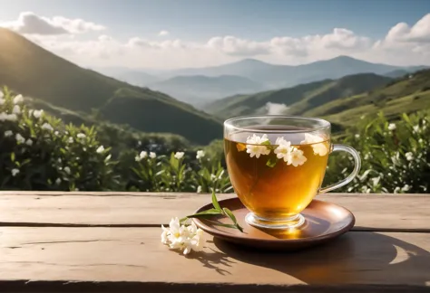 Jasmine tea, glass, wooden table, sunny day, sun is on the right, clouds and hills on the background, food photography