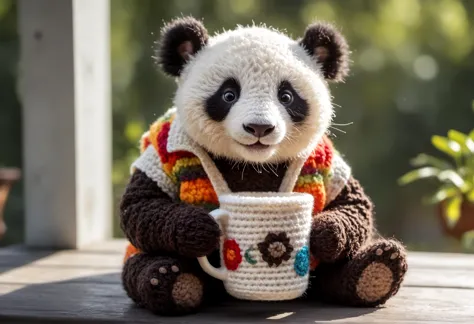 in the morning on a veranda bathed in the sun, a panda cub, smiling, dressed in a crocheted vest with a painted cup of steaming ...