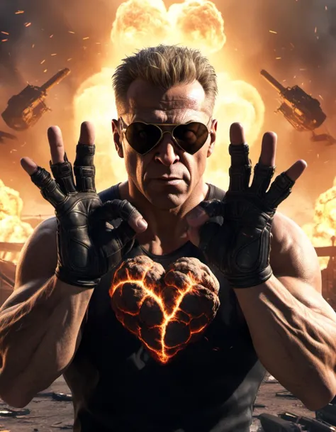 Duke nukem takes a selfie on a smartphone (making a heart shape with his hands with five fingers:1.2),  nuclear bomb explosion i...