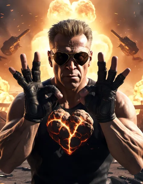 Duke nukem takes a selfie on a smartphone (making a heart shape with his hands with five fingers:1.2),  nuclear bomb explosion in the background, realism



