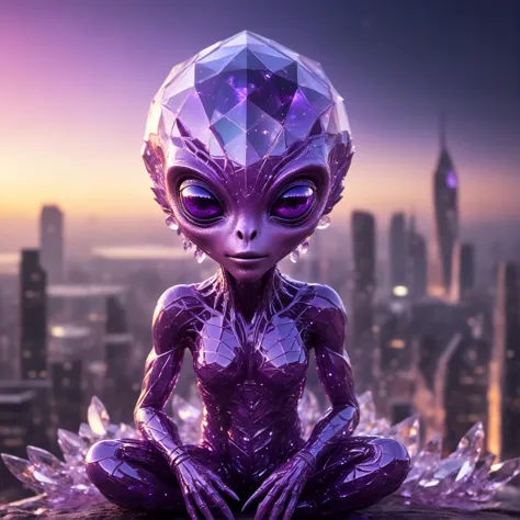 transparent art, ((transparent glass fragile cute charming alien creature created from colored transparent diamond)), a (futuristic city made of purple|neon crystal) in  the detailed background , epic scene, glass in the style of "colored glass art", glass glossy surface, hyperdetalized, intricately detailed, fantastic, intricate details, screensaver, additional colors, fantasy, concept art, 8k resolution