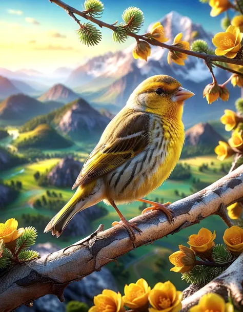 vibrant colors, extreme closeup, 3d hyperreal yellow finch perched on branch, 8k, planetary mountains background, professional p...