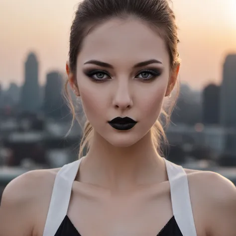 black makeup, black lipstick, chest shot, very beautiful face, with pale skin, ultra detail, city background
