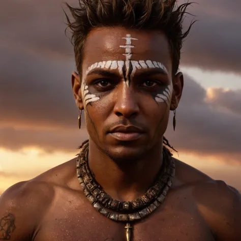 a close up of a man with a face paint and a necklace