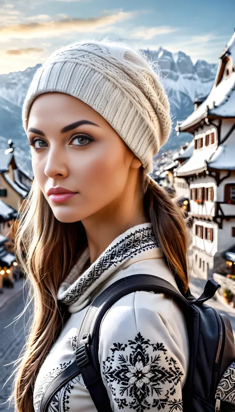 a woman with a backpack and a hat standing in front of a snowy mountain