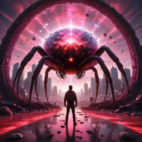 Space_In_Shell, psychodelic,in a space, man standing next to a giant spider monster, city background, a portal to another dimens...