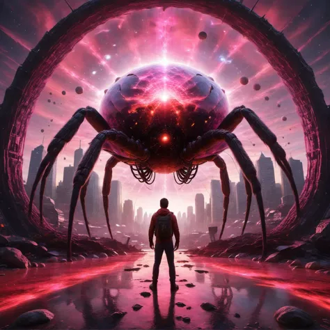 a man standing in front of a giant spider in a futuristic city