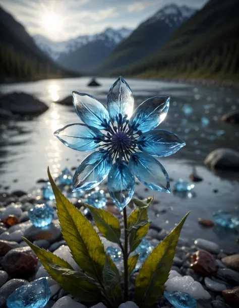 Cinematic still of a few beautiful pale blue glass flowers made out of glass in an Alaska River. Shallow depth of field, vignett...