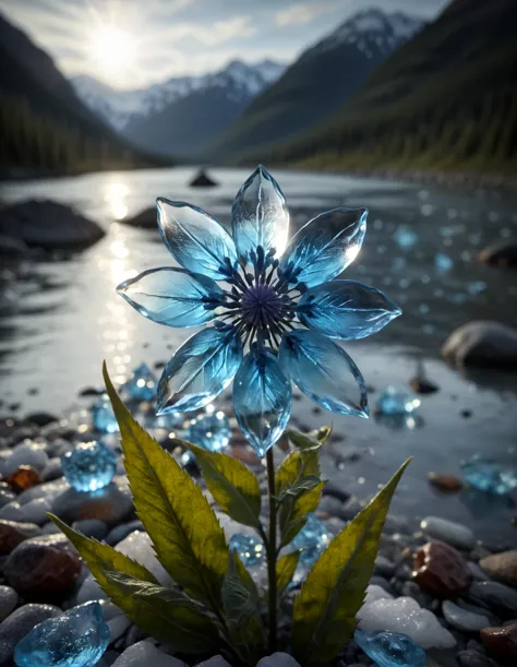 Cinematic still of a few beautiful pale blue glass flowers made out of glass in an Alaska River. Shallow depth of field, vignette, highly detailed, high budget, bokeh, Cinemascope, moody, epic, gorgeous, film grain, grainy, glasss shards, cracken glass, ,glass shards,shards Made_of_pieces_broken_glass  light particles,   focus on a flower, enhanced