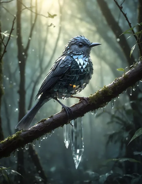 Create a misty forest morning where sunlight filters through the dense foliage, illuminating a diamond bird perched on a branch,...