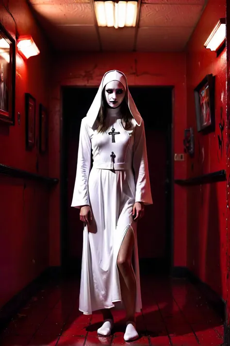 in the heart of an underground arcade, a man finds himself standing before a mysterious woman dressed in white nun attire. the nun's face is painted with striking makeup that adds a touch of darkness to her otherwise innocent appearance. the red walls and floor create a vibrant contrast against her white dress. the man can't help but feel drawn to her presence, despite the eerie ambiance surrounding them. the arcade's dim lighting casts long shadows, adding an element of suspense to their encounter. the woman stands tall, exuding an air of confidence as she gazes at him with an unreadable expression. their eyes lock, and for a moment, it feels like time has stopped. the man feels his heartbeat quicken, and he can't help but wonder what this intriguing encounter might lead to.