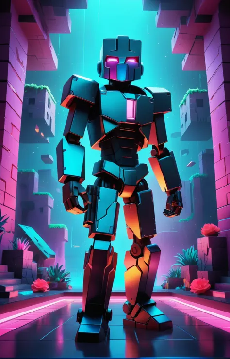 a robot standing in a room with a neon background