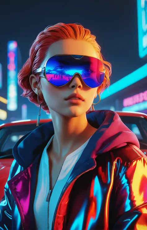 a woman in a neon jacket and sunglasses stands in front of a car