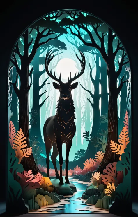 a deer standing in the middle of a forest with trees and plants