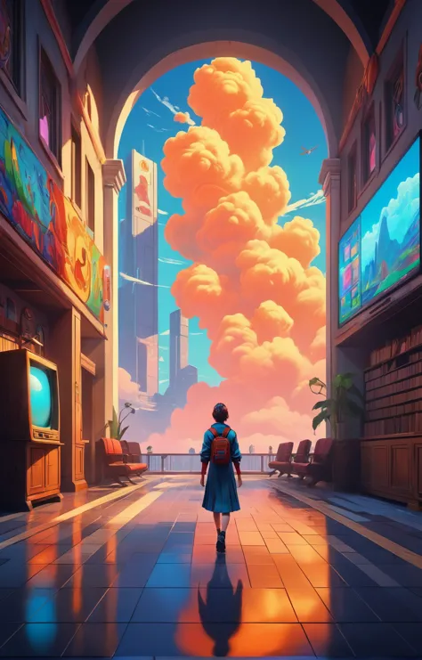 a woman walking down a hallway in a futuristic city