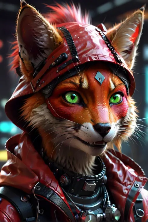 un gros plan sur un chat avec des yeux verts et une veste rouge, un renard cyberpunk anthropomorphe, art numérique à fourrure, portrait de personnage à fourrure, art mawshot à fourrure, Anthro Art numérique, art à fourrure, portrait anthropologique, pov art à fourrure, anthropomorphic art à fourrure, Art gobelin, bizarrecore voidpunk fursona, cyborg caracal