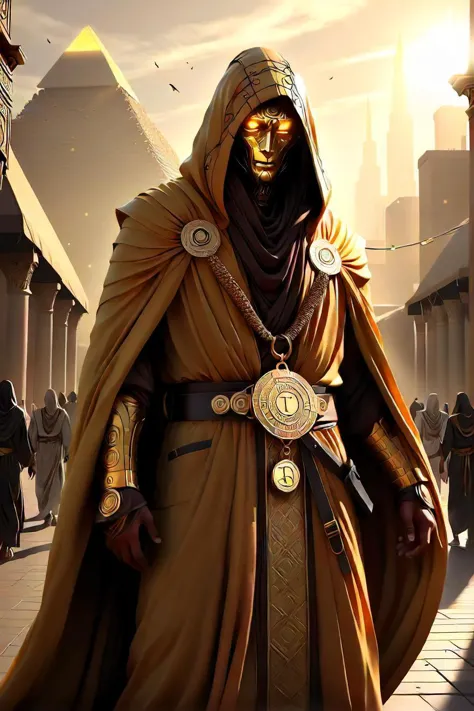 in the vast expanse of a desert city, under the radiant glow of the twin suns, stands a man cloaked in a long robe of brown and gold. his hair is as dark as the shadows cast by the ancient pyramids that surround him. a striking golden medallion hangs from his waist, catching the light with each breath he takes. this man, kael, is a judge, a guardian of justice amidst the sandy plains of this futuristic world. as he strides through the busy market square, the locals part ways to give him space, their faces etched with respect and fear. the golden sash across his chest carries an inscription "justice for all." it's not just a title; it's a promise. in this world where corruption runs rampant, kael has dedicated his life to upholding the law and protecting the innocent. amidst the bustling crowd, there are whispers of those who seek power at any cost. kael's eyes narrow as he notices the shadowy figures lurking in the corners, their intentions hidden behind their masks. with determination etched on his face, kael continues his patrol, ensuring that the city remains safe. every time he looks into the eyes of the people, he sees hope and faith, reminding him why he chose this path. as the day fades into dusk, casting long shadows across the cityscape, kael stands tall, a beacon of justice against the backdrop of corruption. he knows that his journey is far from over, but with every step he takes, he brings the city closer to the ideals of fairness and justice.