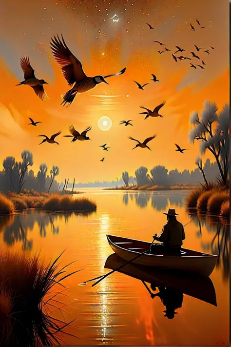 painting of a man in a boat with birds flying over a lake, the glimmering orange dawn, phragmites, night time footage, golden cl...