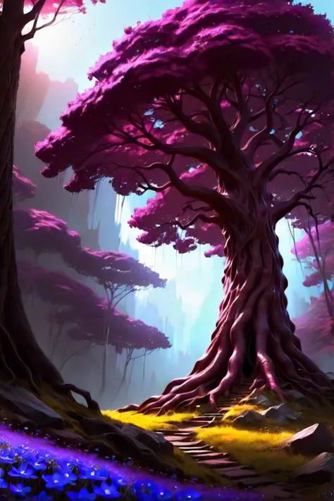 a painting of a tree in a forest with purple flowers