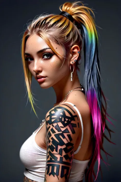 (best quality:1.4),(masterpiece:1.4),(8k:1.4),(extremely detailed:1.4),arafed woman with colorful hair and tattoos on her arm, p...