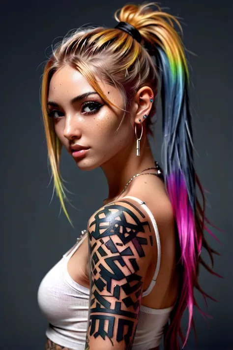 a woman with colorful hair and tattoos on her arm