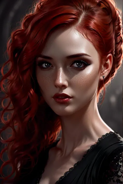 un gros plan d&#39;une femme aux cheveux rouges portant une robe noire, un portrait de personnage inspiré par Charlie Bowater, gagnant du concours cgsociety, Art gothique, portrait de royauté gothique, élégant vampire victorien, cheveux style pin-up foncé