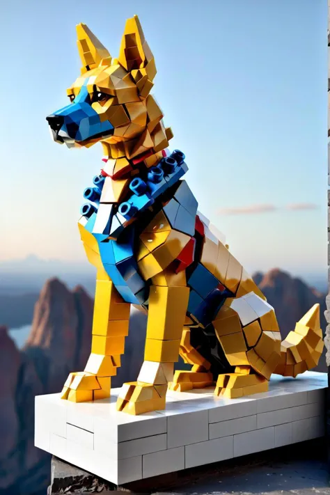 Araffe Hund aus Legosteinen sitzt auf einem Felsvorsprung, ein Low-Poly-Rendering, inspiriert von Filip Hodas, vorgestellt auf Polycount, pelzige Kunst, isometrischer 3D-Fantasiehund, Low-Poly-Kunst, hochwertige Lowpoly-Kunst