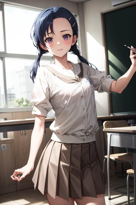 anime girl in a school uniform holding a cell phone