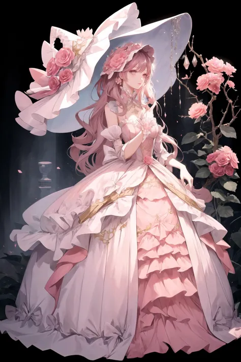 best quality, 1girl, <lora:wrenchrococodome:1>, wrenchrococodome, pink dress, hat, hat flower, full body