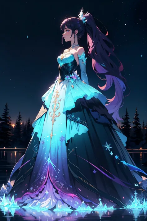 masterpiece, best quality,  <lora:wrenchfaeflare:1.0> wrenchfaeflare, glowing, embroidery, accessories, jewelry, reflection, refraction, green dress, long dress, ballgown, iridescent, night sky, starry sky, star \(sky\), 1girl, purple hair, ponytail, garden, ice rink, winter, filigree, fractal patterns, snowflake pattern