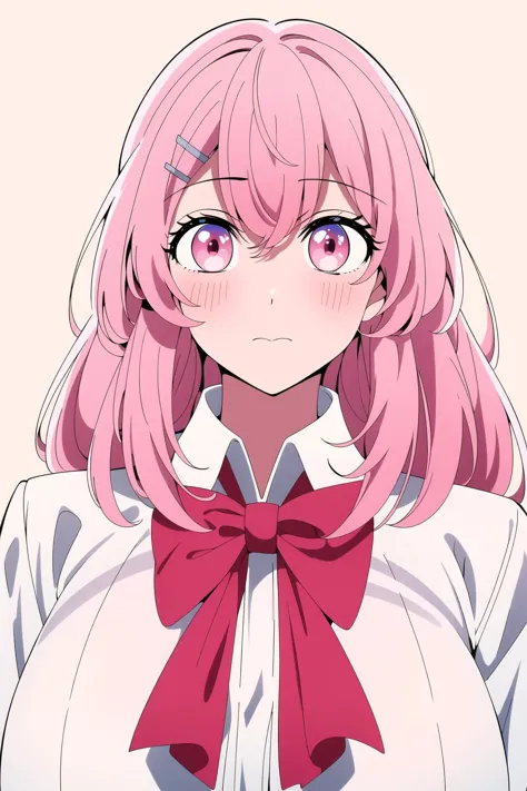 Simple White Background,
Red_bowtie,white_collared_shirt,(grey_Pleated_skirt),
virtual_youtuber,
Pink_hair,medium_hair,pink_eyes,hair_ornament, hairclip,Bangs,
1 girl, 20yo,Young female,Beautiful Finger,Beautiful long legs,Beautiful body,Beautiful Nose,Beautiful character design, perfect eyes, perfect face,expressive eyes,perfect balance,
looking at viewer,(Focus on her face),closed mouth, (innocent_big_eyes:1.0),(Light_Smile:0.3),
official art,extremely detailed CG unity 8k wallpaper, perfect lighting,Colorful, Bright_Front_face_Lighting,White skin,
(masterpiece:1.0),(best_quality:1.0), ultra high res,4K,ultra-detailed,
photography, 8K, HDR, highres, absurdres:1.2, Kodak portra 400, film grain, blurry background, bokeh:1.2, lens flare, (vibrant_color:1.2),professional photograph,
(Beautiful,huge_Breasts:1.4), (beautiful_face:1.5),(narrow_waist),