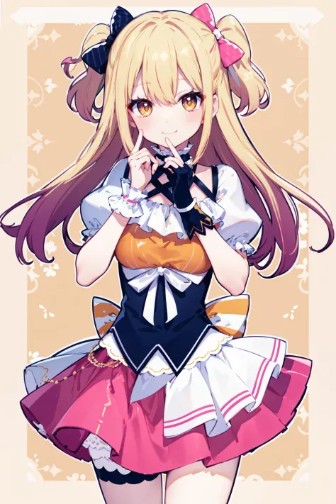 pmarusama, pmaru default, hair bow, long hair, two side up, puffy short sleeves, pink skirt, black gloves, dress, underbust, wri...