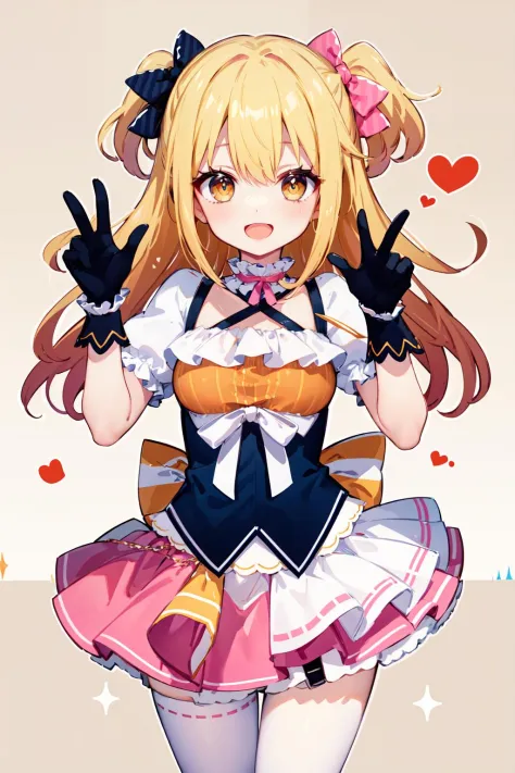 pmarusama, pmaru default, hair bow, long hair, two side up, puffy short sleeves, pink skirt, black gloves, dress, underbust, wrist cuffs, white shirt, <lora:p-maru_sama:0.8>, beautiful detailed eyes, smile, patterned background, (blonde hair:0.9), open mouth, thighs, head on,