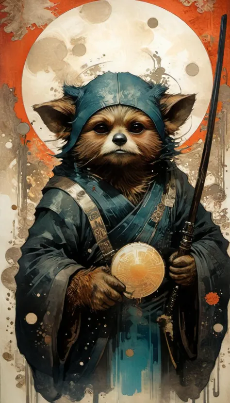 a painting of a raccoon dressed in a blue outfit holding a sword