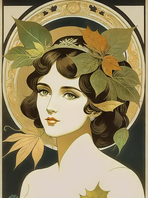 <lora:AlphonseMucha:1>a poster of a woman smoking a cigarette with leaves on her head and leaves on her head by Alphonse Mucha