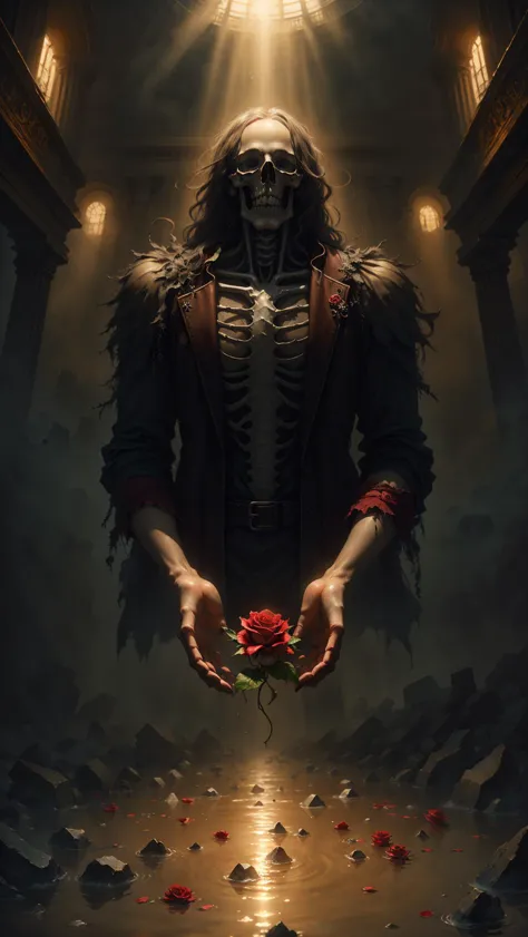 a man in a dark room holding a rose in his hands