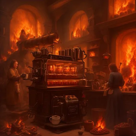 a close up of a kitchen with a fire in the background