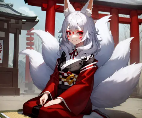 1girl, solo, silver hair, fluffy hair, bangs, red eyes, fox girl, fox ears, fox tail, multiple tails, red kimono, black kimomo, japanese clothes, checkered sash, neck ribbon, face markings, makeup, wariza, japanese shrine, looking at viewer, smile <lora:char-ninakosaka:0.8>