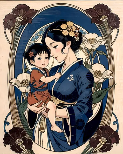 a mother giving a flower to a young child, wood block print, Art Nouveau Style, katsushikahokusai, <lora:KatsushikaHokusai:0.5> ...