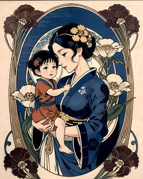 a mother giving a flower to a young child, wood block print, Art Nouveau Style, katsushikahokusai, <lora:KatsushikaHokusai:0.5>  <lora:Nouveau_last:1>