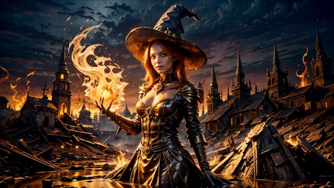 (witch magician girl FireFull:1.2), (young), fire skin,  flames, (lava), close-up portrait, (standing), happy smiling, (bright red fire:1.2), red eyes, red lips, (skeletons many skulls:1.2), city ruins, city buildings destroyed, houses burning, (very detailed), best quality,  smoke, ashes, dump, trash, tombs, crosses,  graveyard, (fire explosions, dirty puddle, mud, sharp focus,  grey sky, natural light, golden hour,  backlight, shadows, high contrast, hdr,  reflections,  using fire spell dark magic, ((magic in hand))