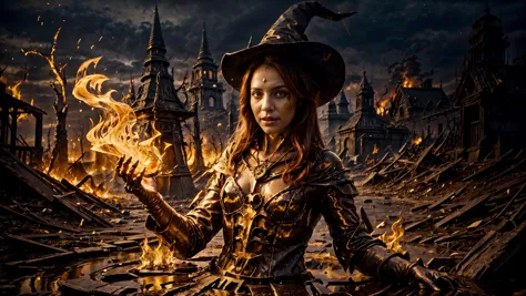 a close up of a woman in a witch costume holding a fire