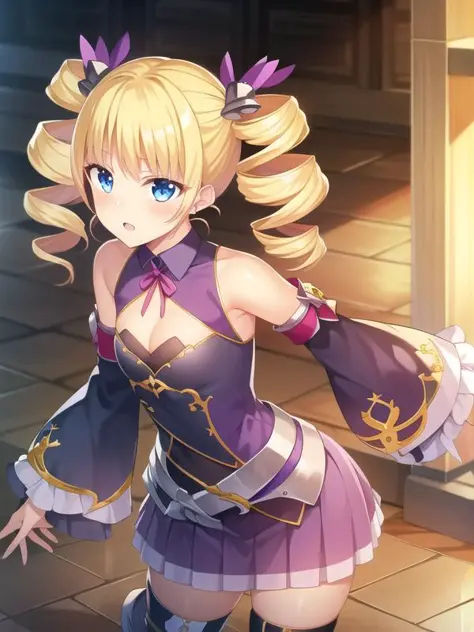 (hyper extreme detailed),(masterpeace),(hyper extreme),(photorealistic),CG,(colour:1.2), beautiful lighting,light from the front, solo, rating:safe,<lora:karin:1>,karin,blond hair,twintails,drill hair,blue eyes,hair_ornament,puple short dress,puple miniski...