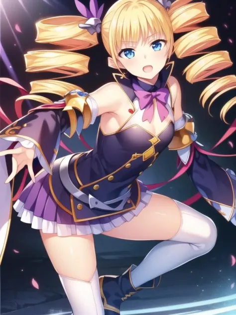 (hyper extreme detailed),(masterpeace),(hyper extreme),(photorealistic),CG,(colour:1.2), beautiful lighting,light from the front, solo, rating:safe,<lora:karin:1>,karin,blond hair,twintails,drill hair,blue eyes,hair ornament,puple short dress,puple miniski...