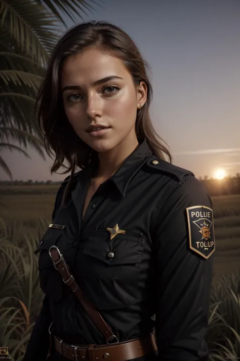 a woman in a police uniform standing in a field