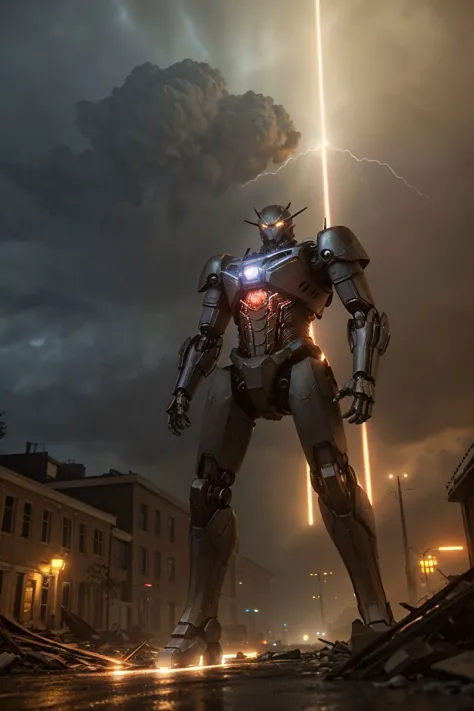 a close up of a robot standing on a street with lightning in the background